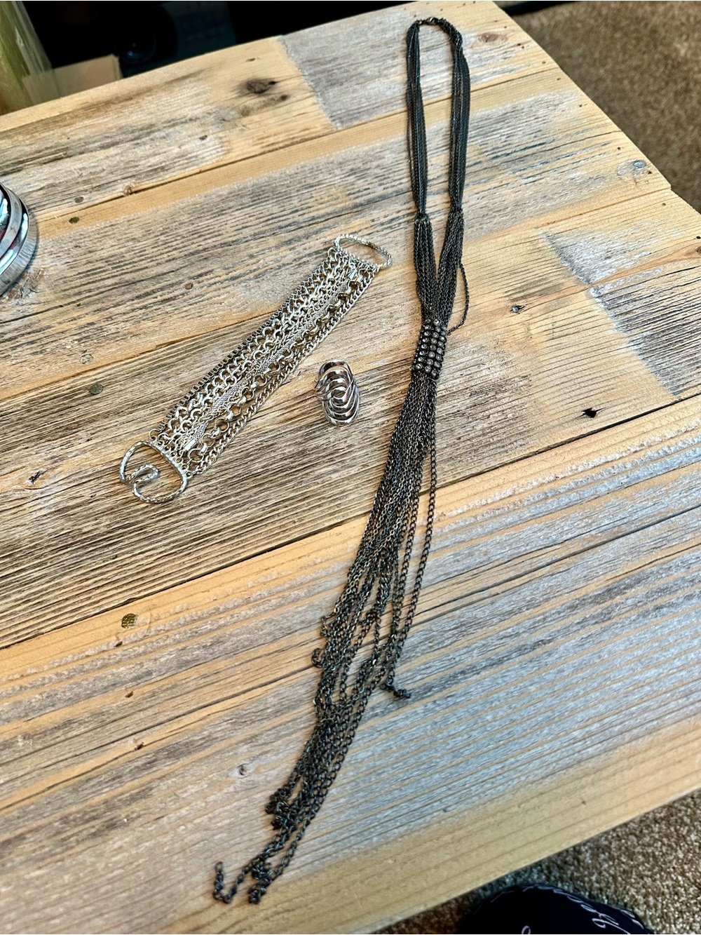 Long Black Multi-Chain Necklace with Silver Bracelet and Ring Set
